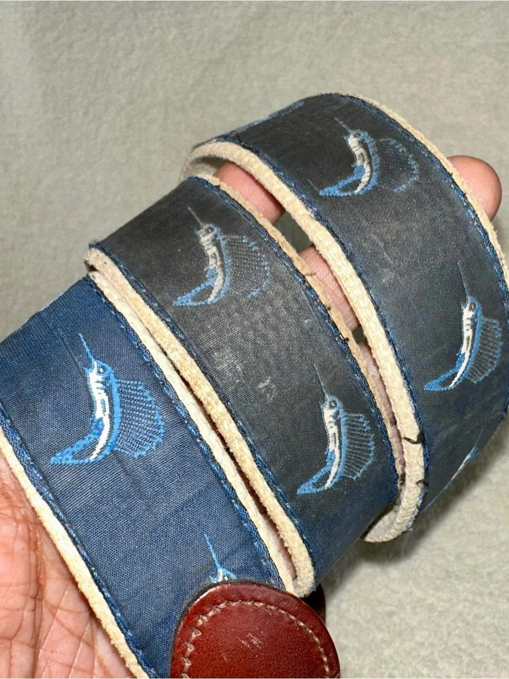 Vintage Sailfish Embroidered Canvas Leather Belt Solid Brass Buckle Sz 40